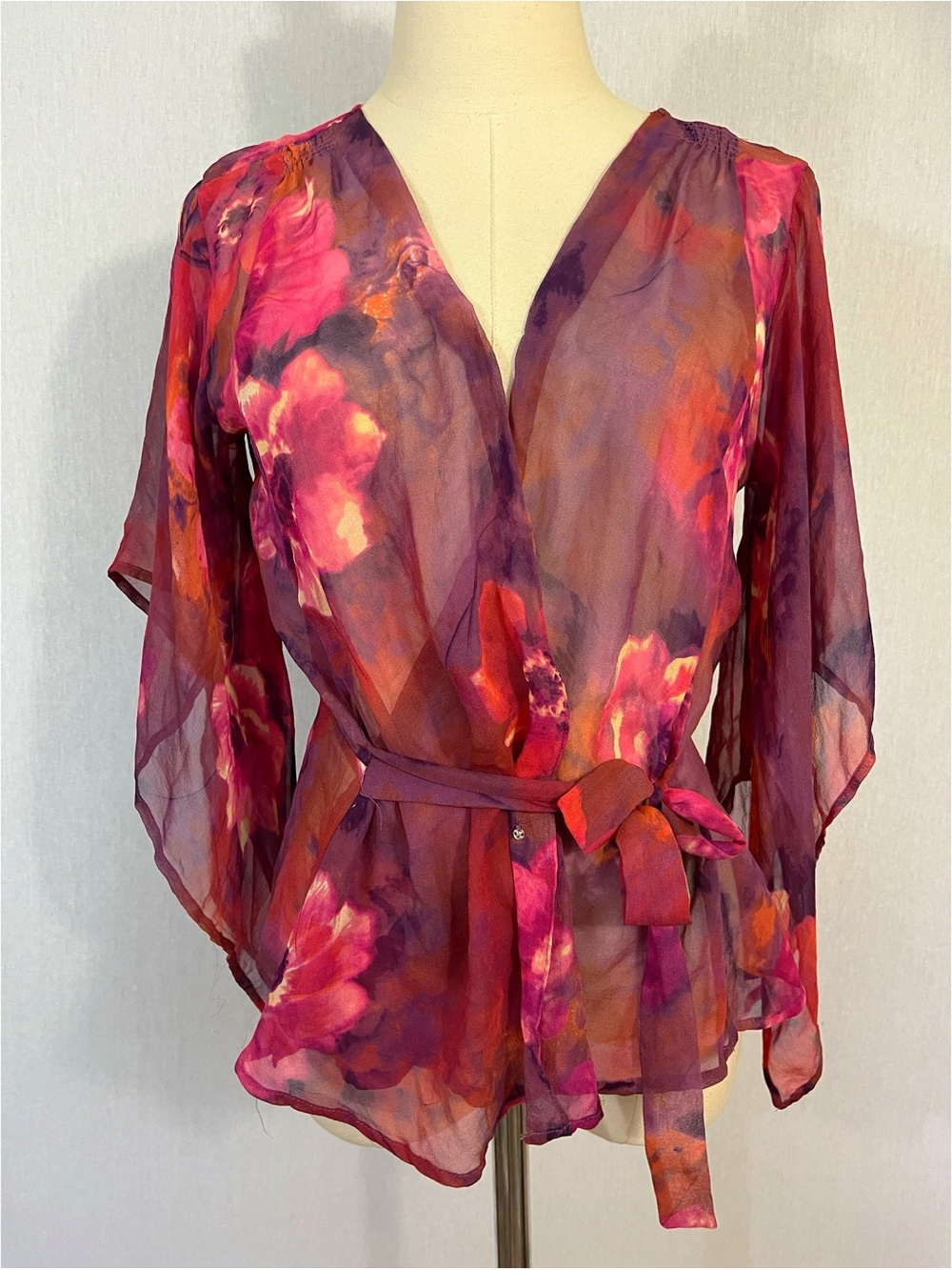 Vintage 100% silk Floral Sheer Wrap Top Pink Plum Brown Watercolor Fairycore